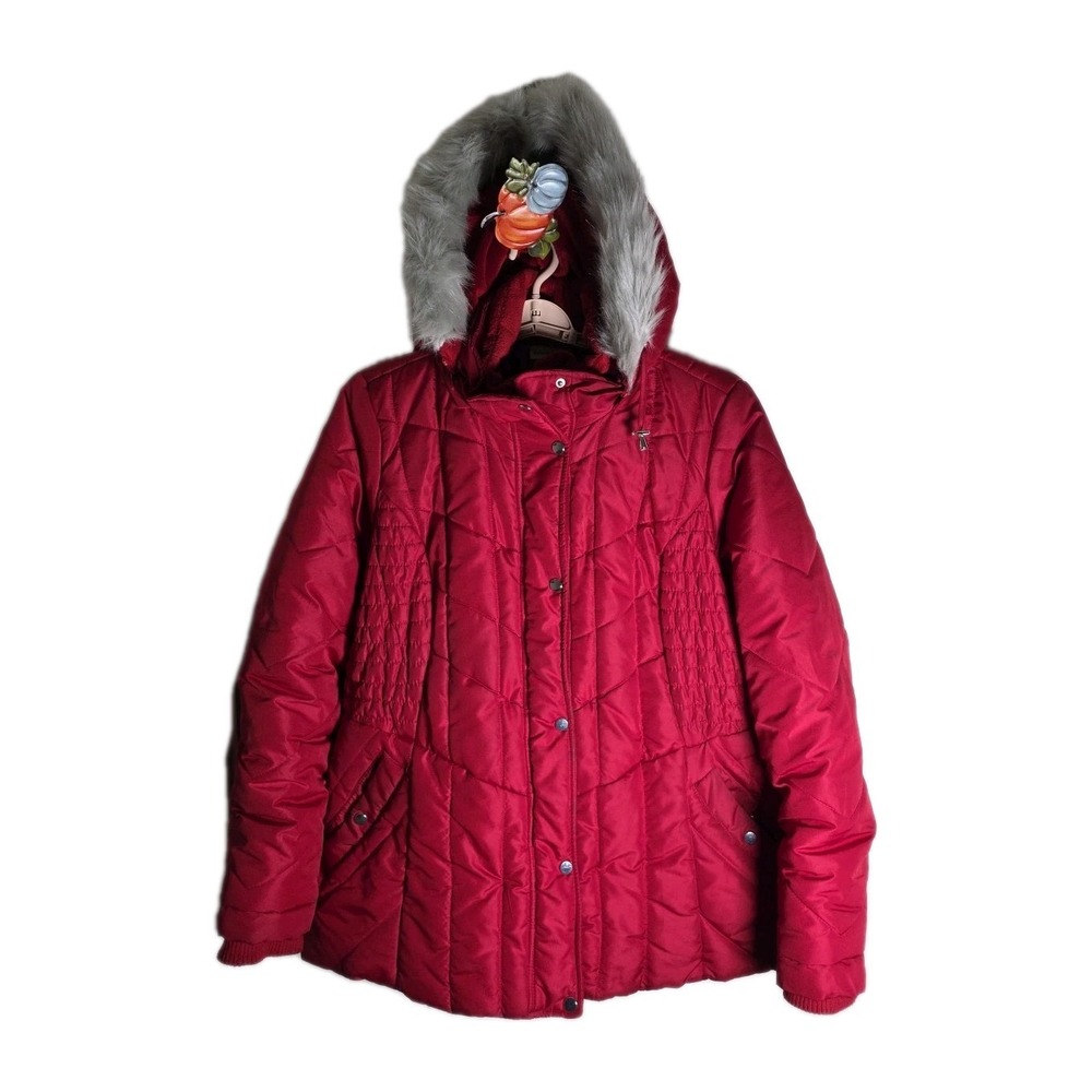 Susan Graver Womens Puffer Coat Xl Red ‎ Hooded Faux Fur Trim Parka